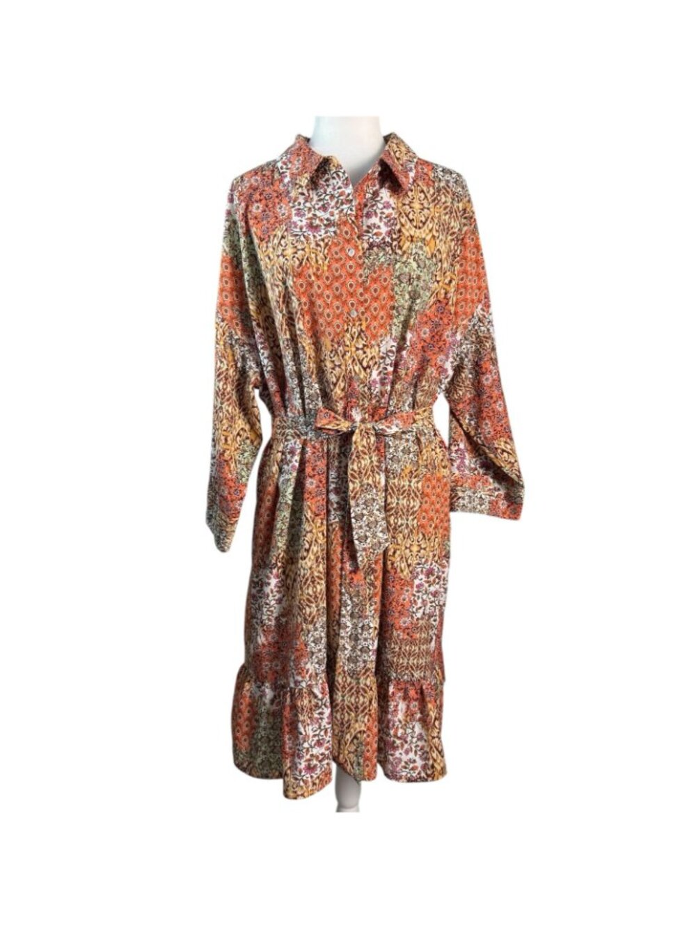 Cato Dress Women 22/24W Plus Patchwork Floral Boho Belted Shirt Dress Ruffle Hem - Picture 11 of 12